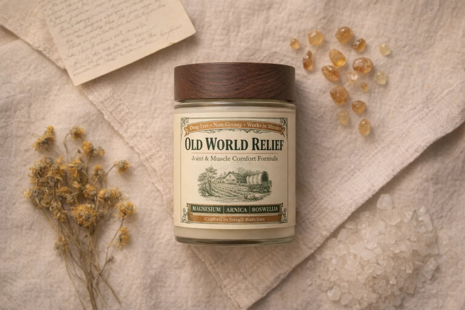 The jar on cream linen with dried arnica flowers, resin tears and mineral crystals