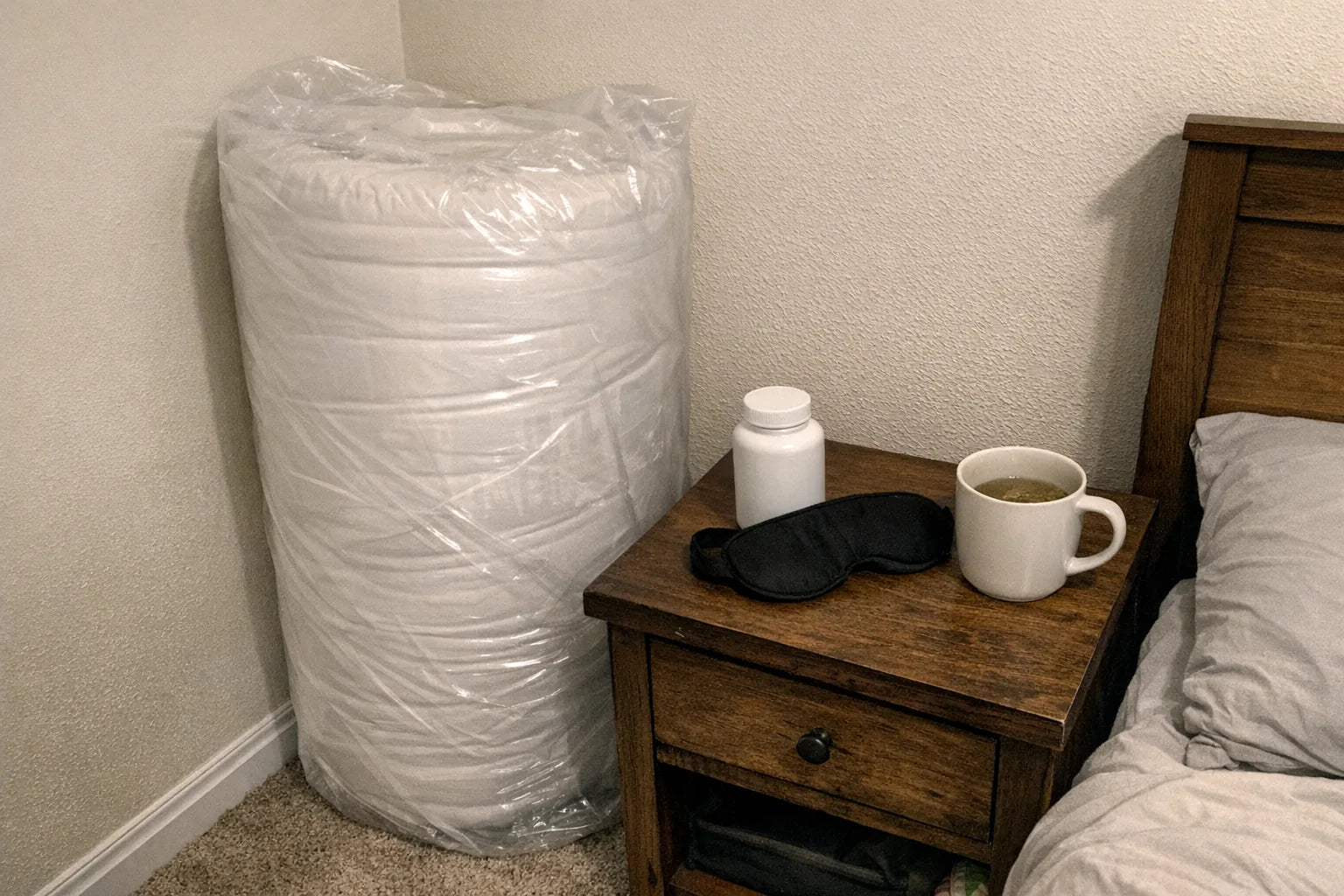 Unopened mattress topper in plastic leaning against a bedroom wall beside a cluttered nightstand