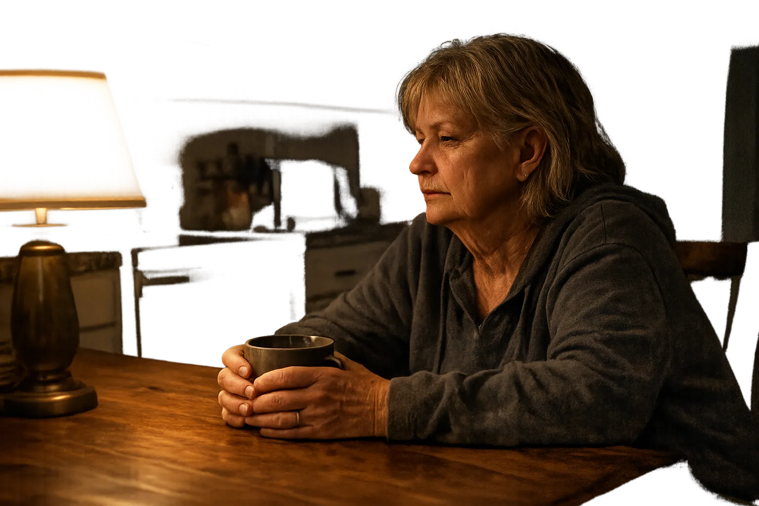 Person in their late sixties sitting alone at a kitchen table at 3am holding a mug under a single lamp