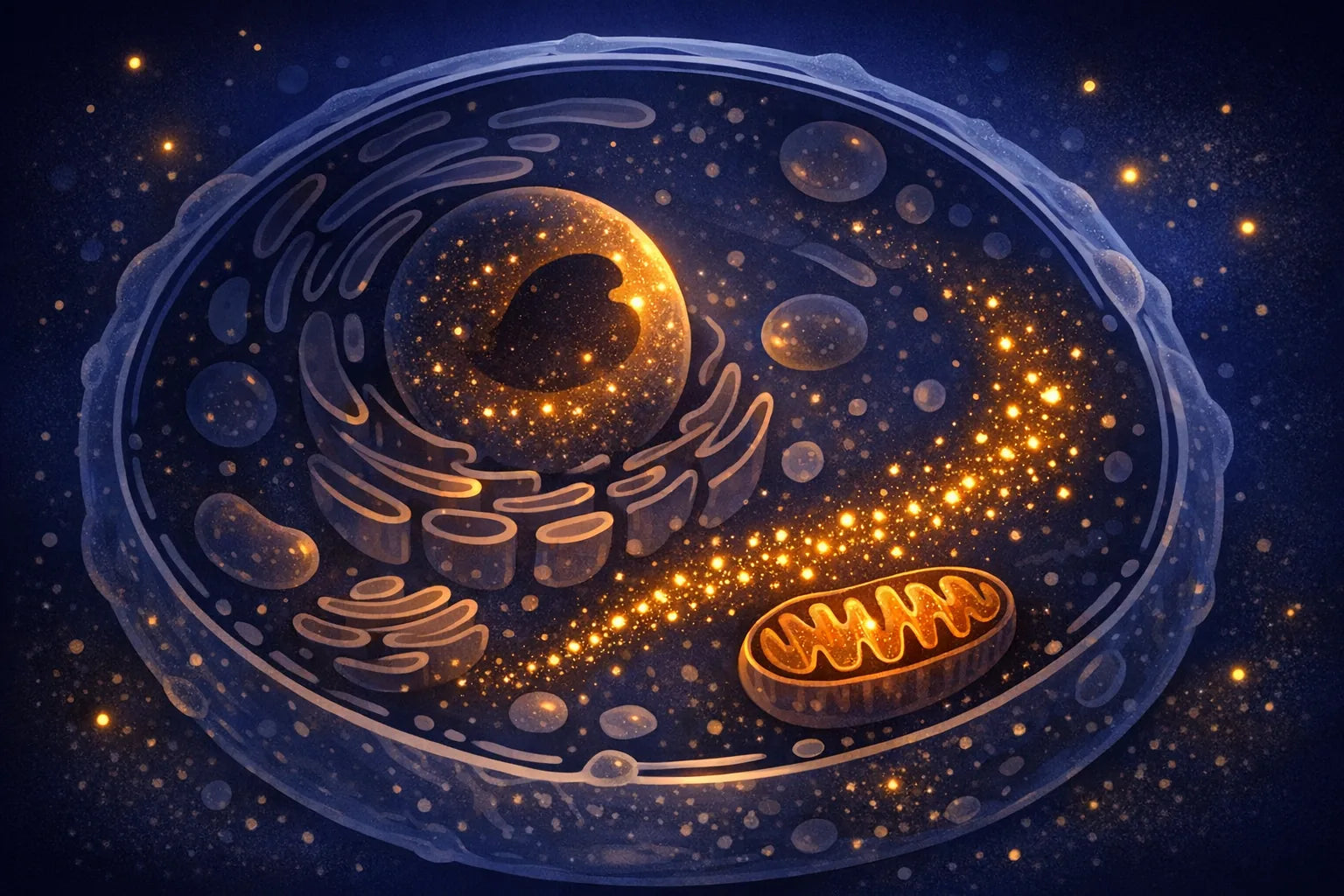 Stylized illustration of glowing gold sweeper particles moving through a cell toward a mitochondrion at night