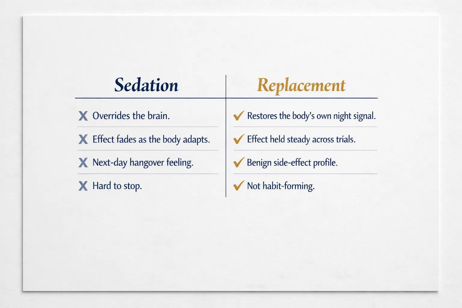 Two-column comparison infographic of sedation versus replacement