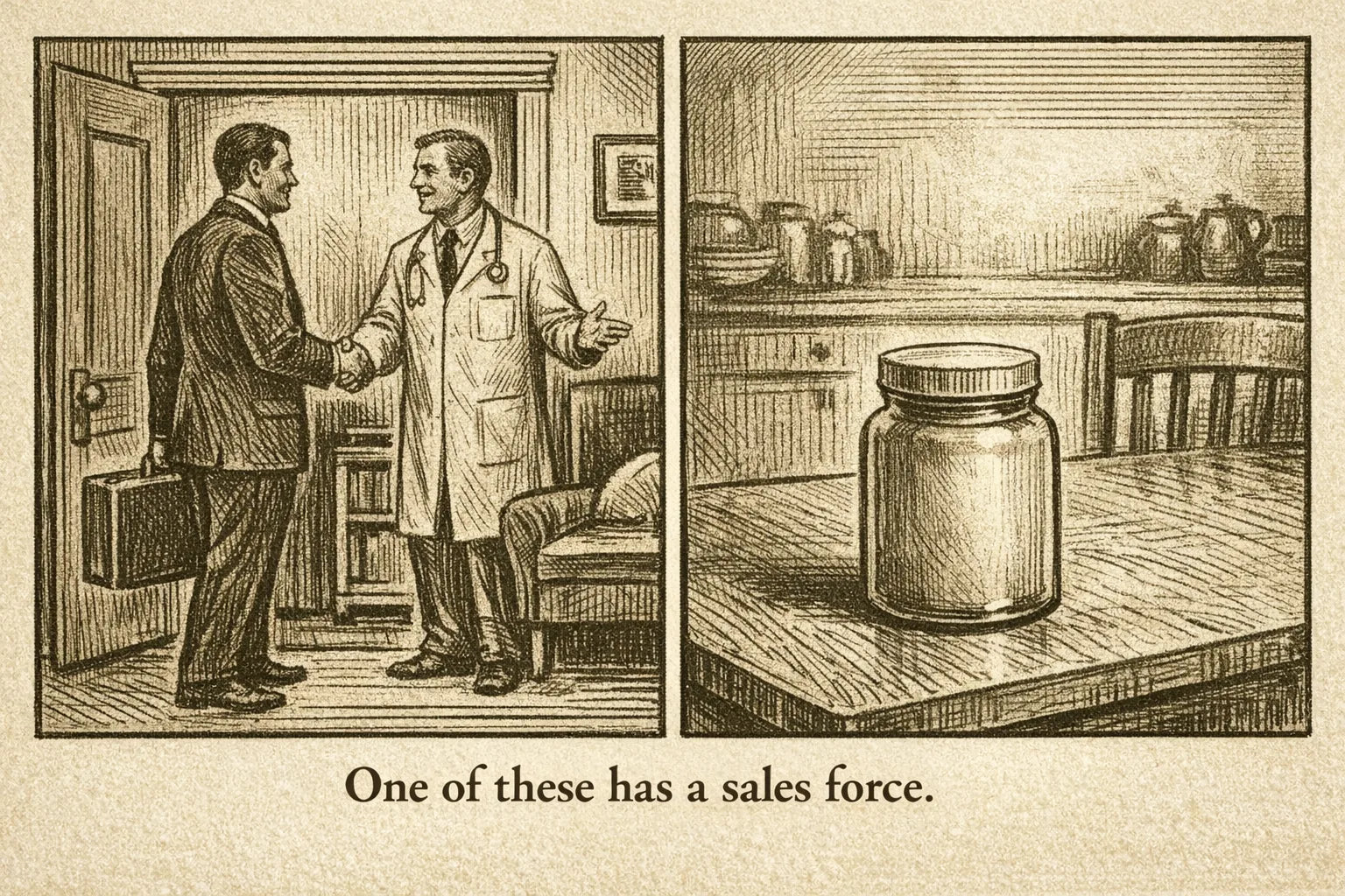 Two-panel editorial illustration of a pharmaceutical sales representative welcomed into an office beside a plain unbranded jar alone on a kitchen table