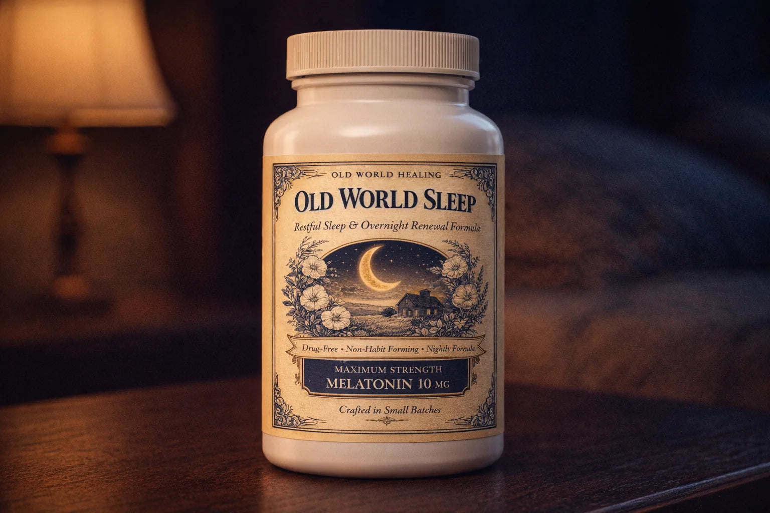 Old World Sleep bottle standing on a dark wood nightstand in warm lamplight