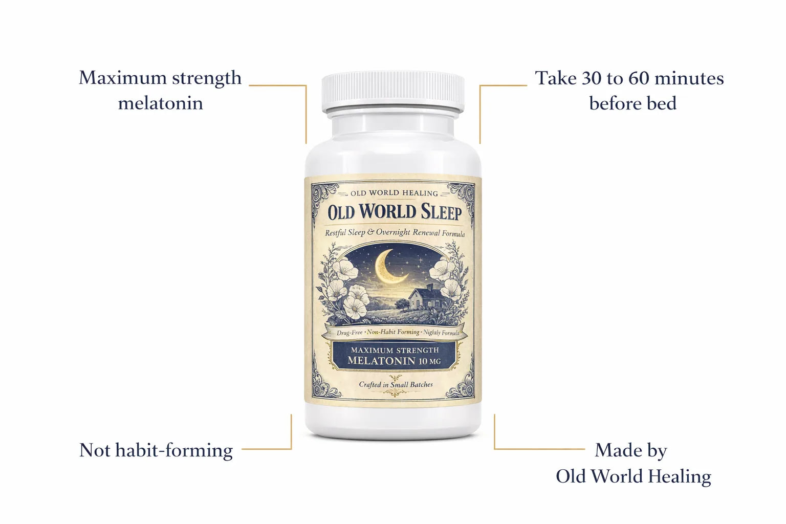 Product infographic of the Old World Sleep bottle with four feature callouts