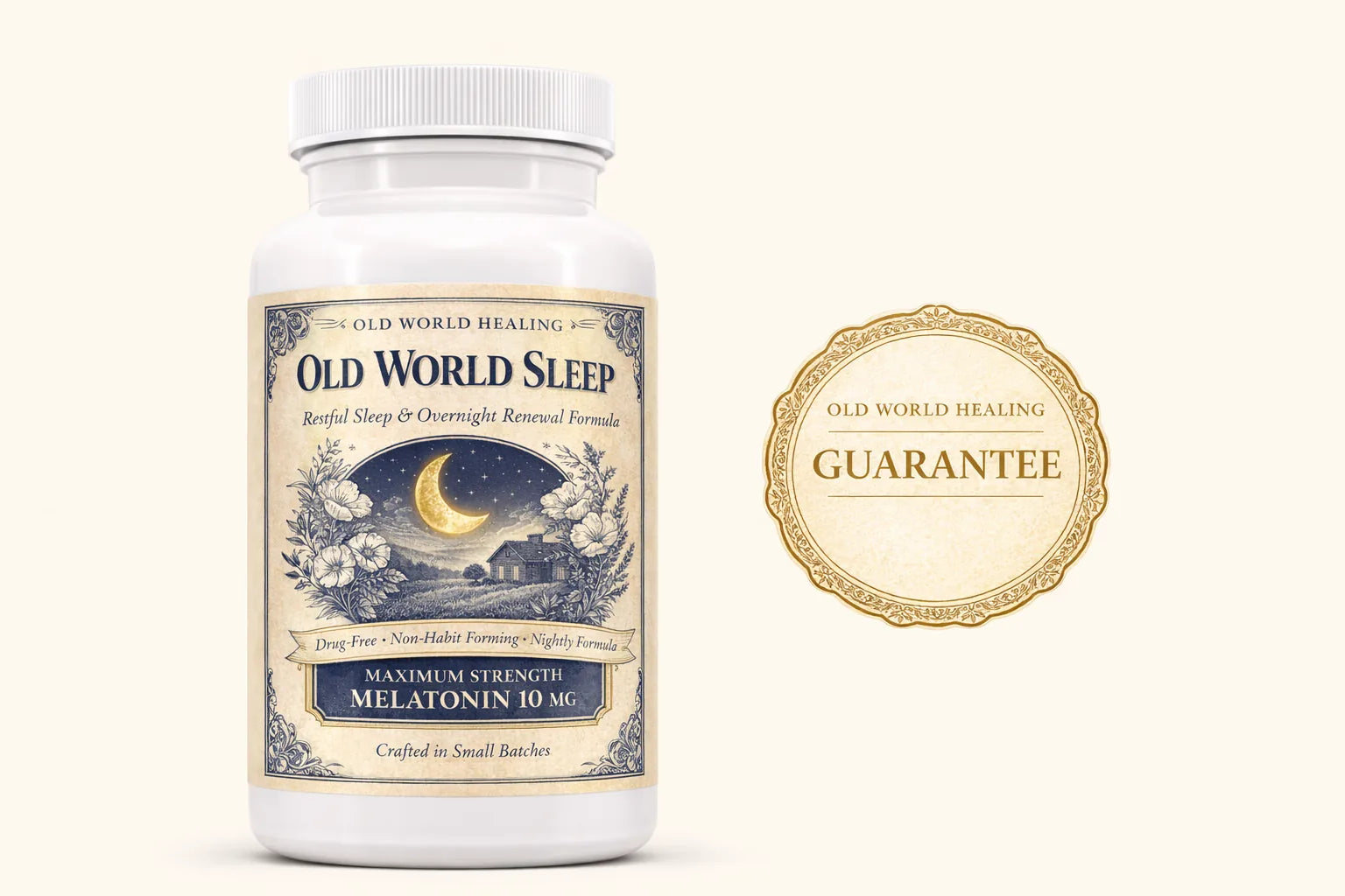 Old World Sleep bottle beside a cream and gold Old World Healing guarantee seal