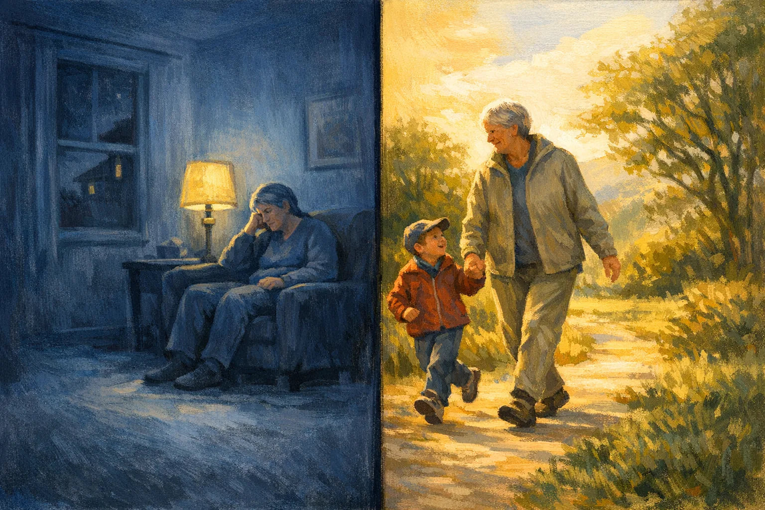 Split illustration with a cold blue 3am scene on the left and a warm golden morning walk on the right