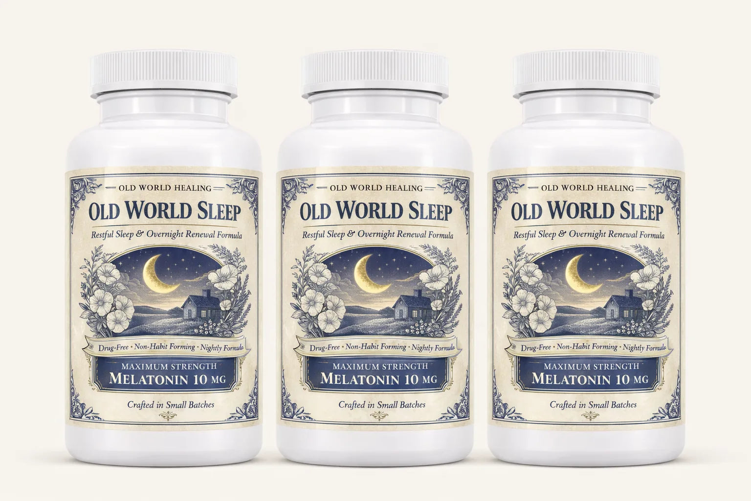 Three Old World Sleep bottles lined up on a clean cream surface