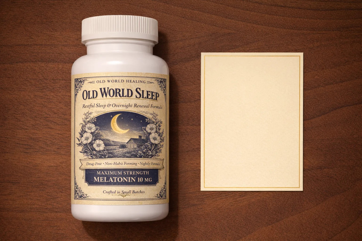 The monthly refill: a fresh Old World Sleep bottle on a dark walnut surface