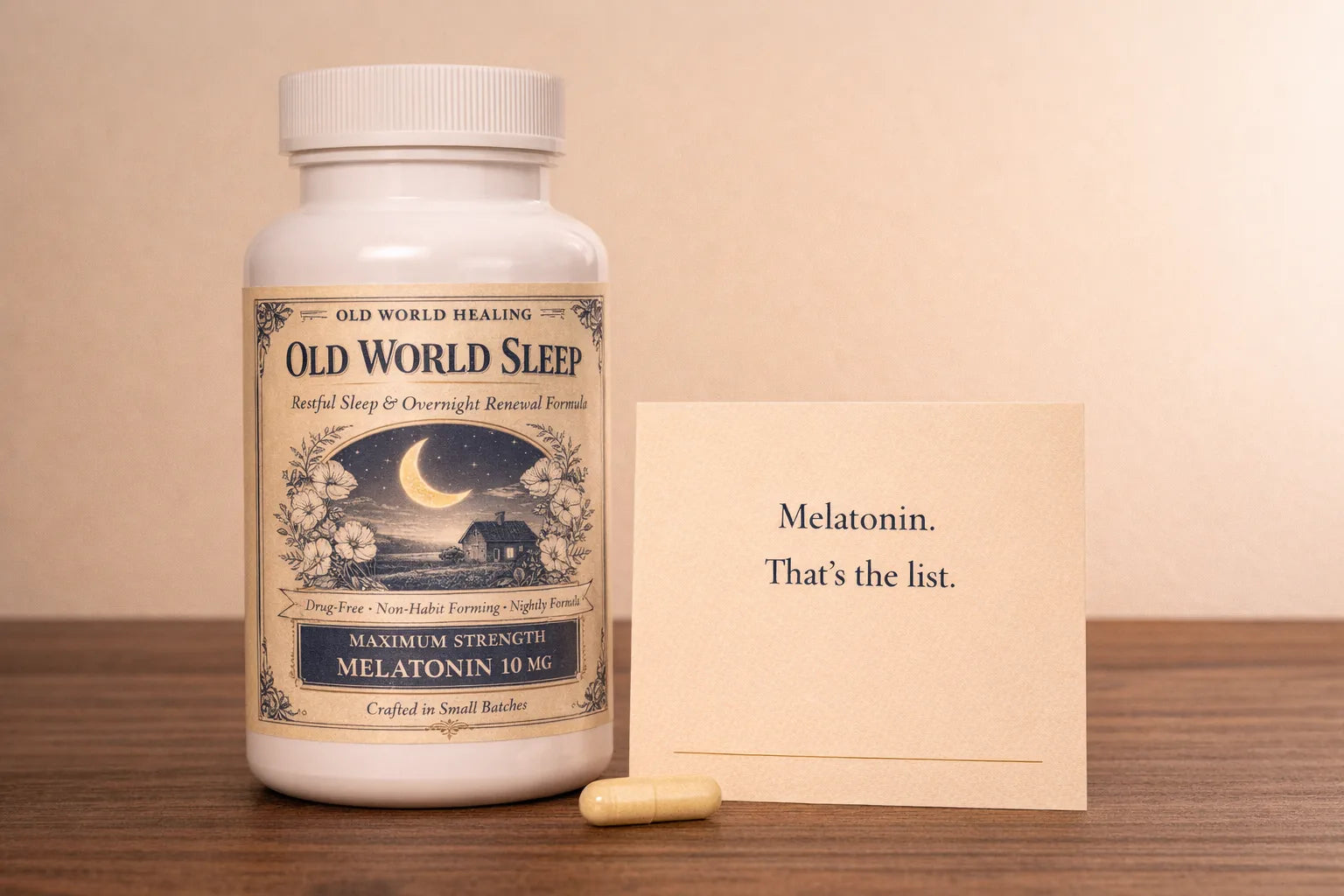The bottle beside a card reading: melatonin, that's the list