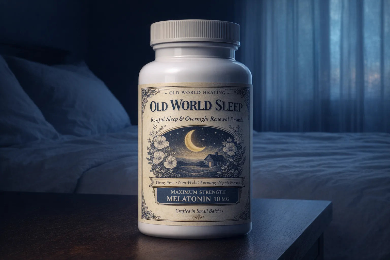 The bottle on a nightstand in the blue light just before dawn