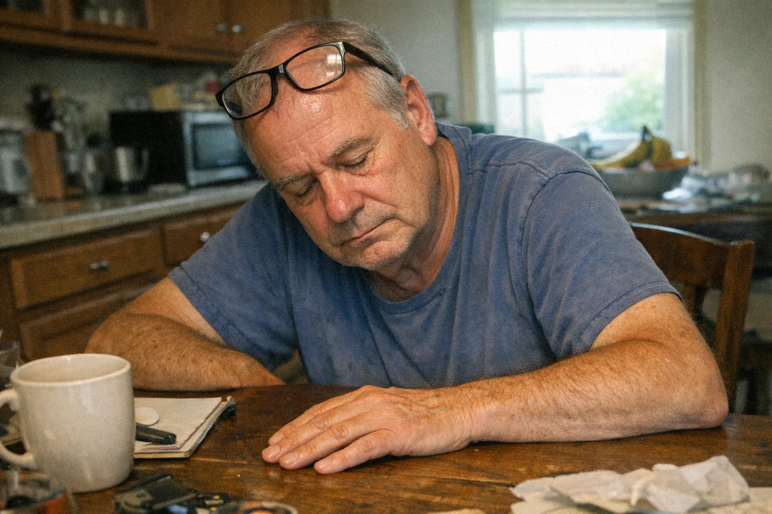 Phone-camera photo of an older person at a kitchen table in mid-afternoon light, eyes closed, one hand flat on the table