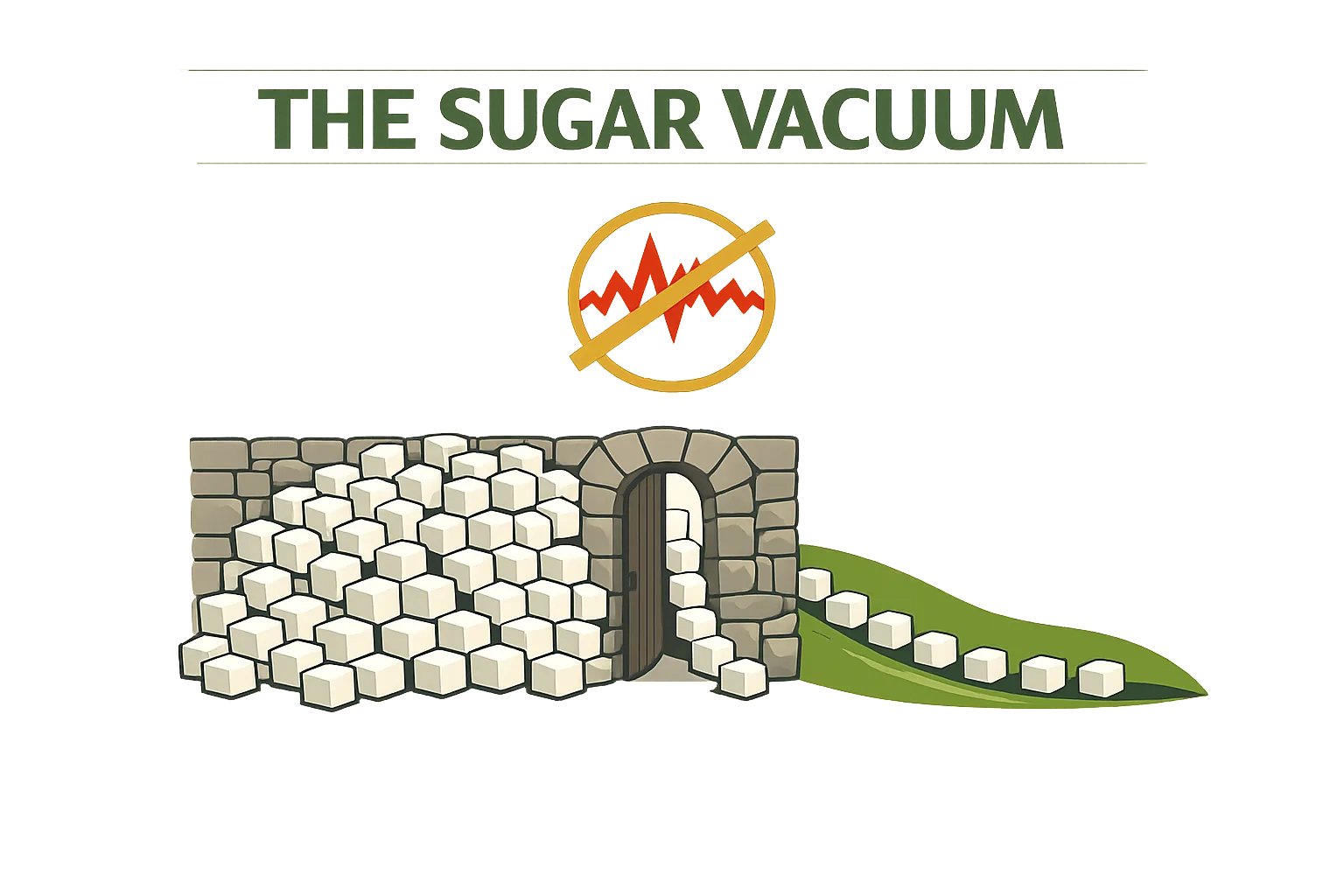 Infographic titled The Sugar Vacuum showing sugar molecules trickling single file through a narrow gate