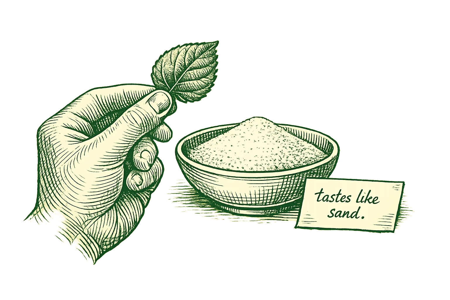 Warm illustration of a hand holding a single gymnema leaf over an open bowl of white sugar
