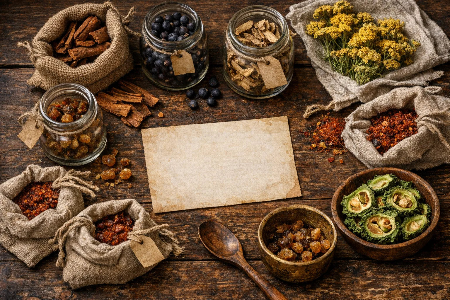 Overhead flat-lay of labeled apothecary jars and cloth pouches of botanical ingredients on dark wood