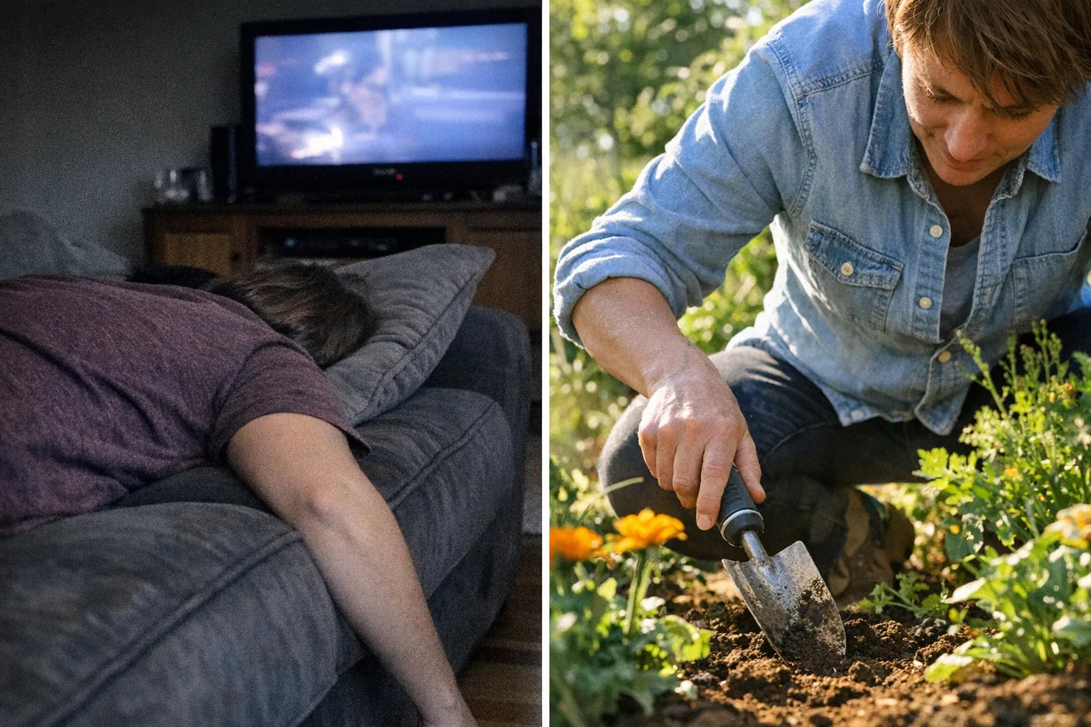 Split-frame comparison of a person face-down on the couch mid-afternoon and out in a garden at the same hour
