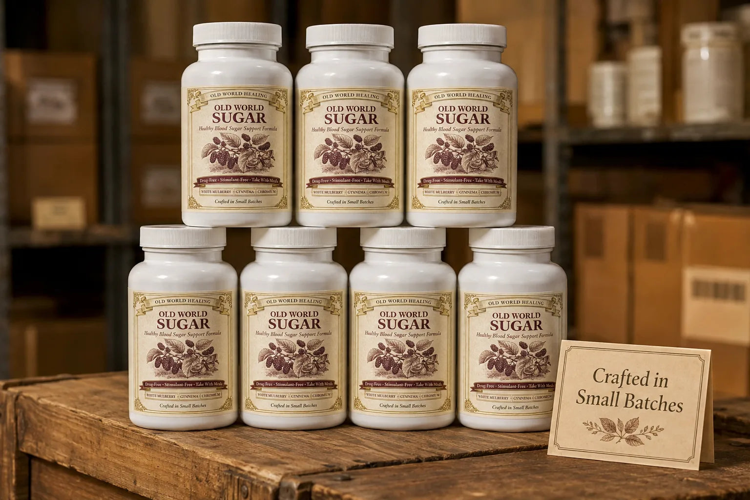 Stack of Old World Sugar bottles on a wooden crate with a small batch card propped against them