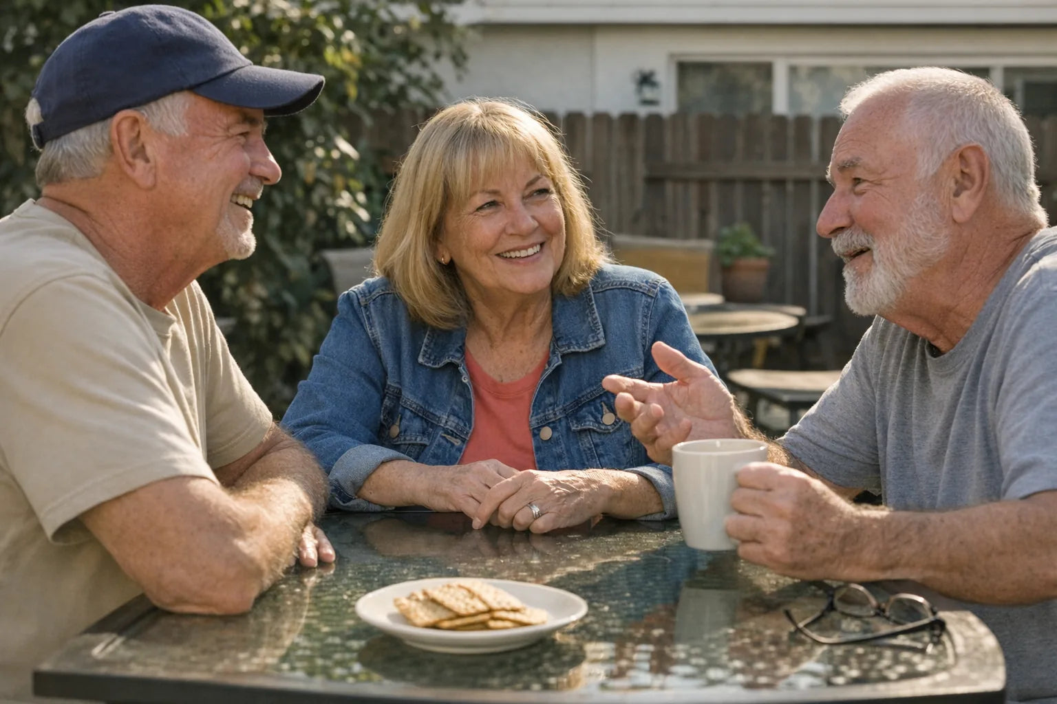 Three people in their sixties around a patio table in bright mid-afternoon light, mid-conversation
