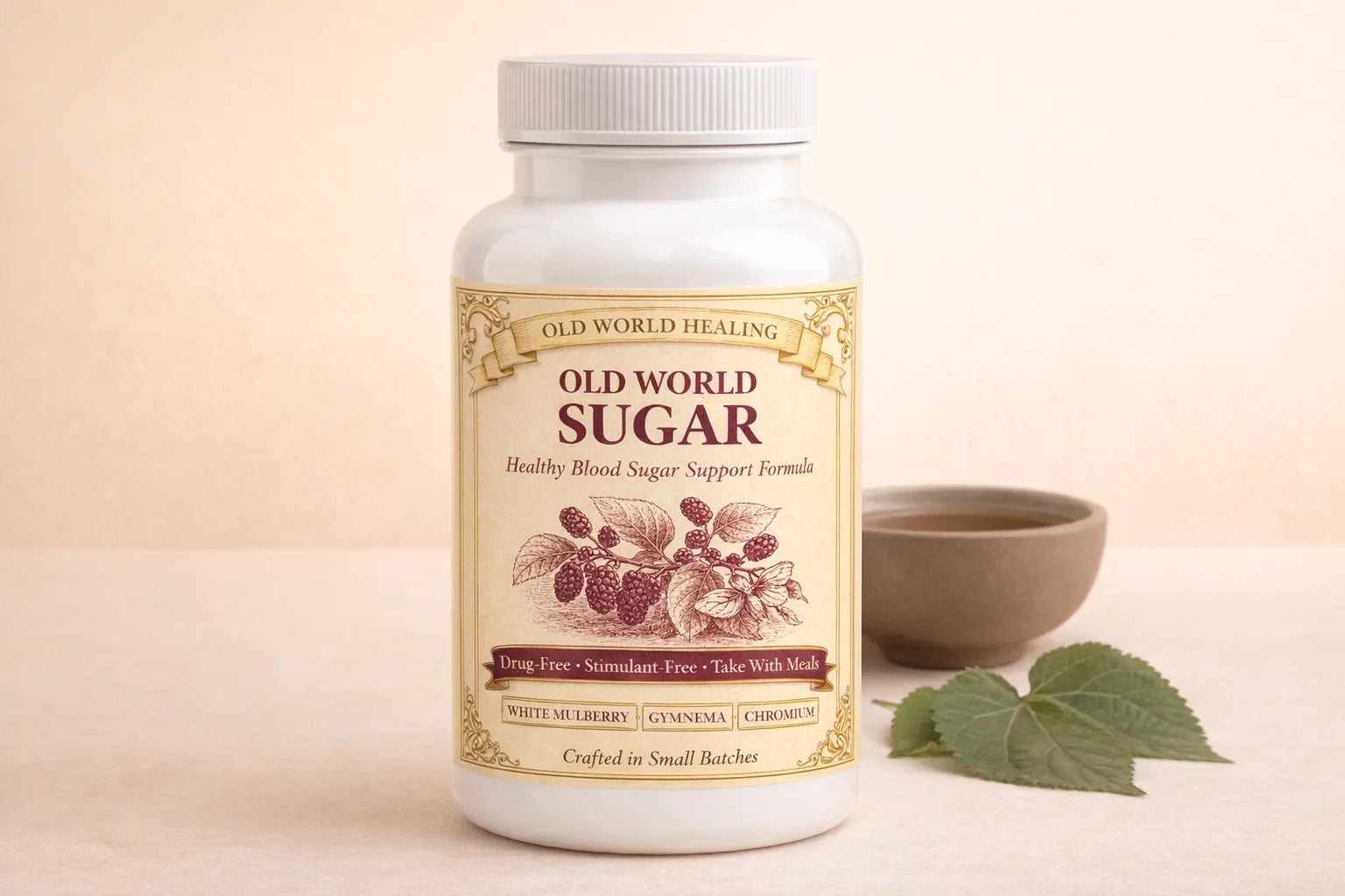 Single bottle of Old World Sugar on a warm cream surface beside a small clay teacup and two mulberry leaves