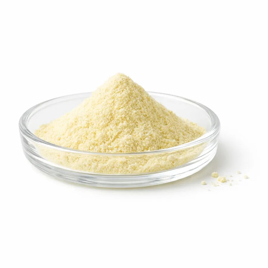 Pale yellow alpha lipoic acid powder in a glass dish