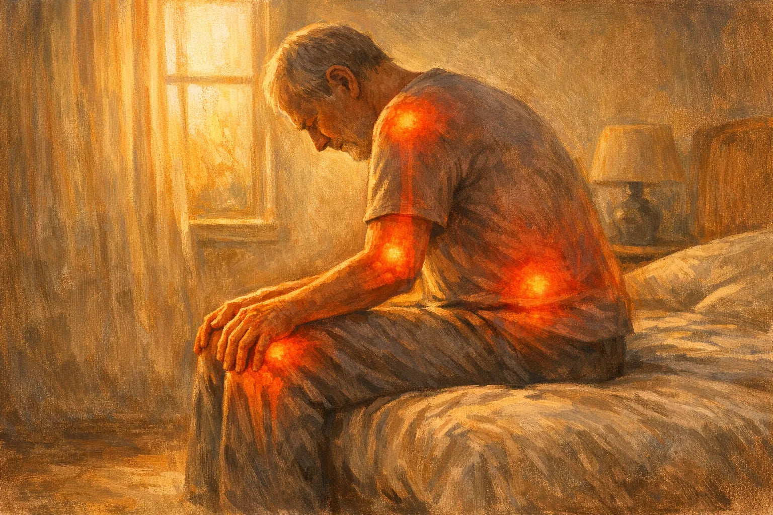 Illustration of a person sitting on the edge of a bed at dawn with knees, hands, shoulders and lower back glowing warm red