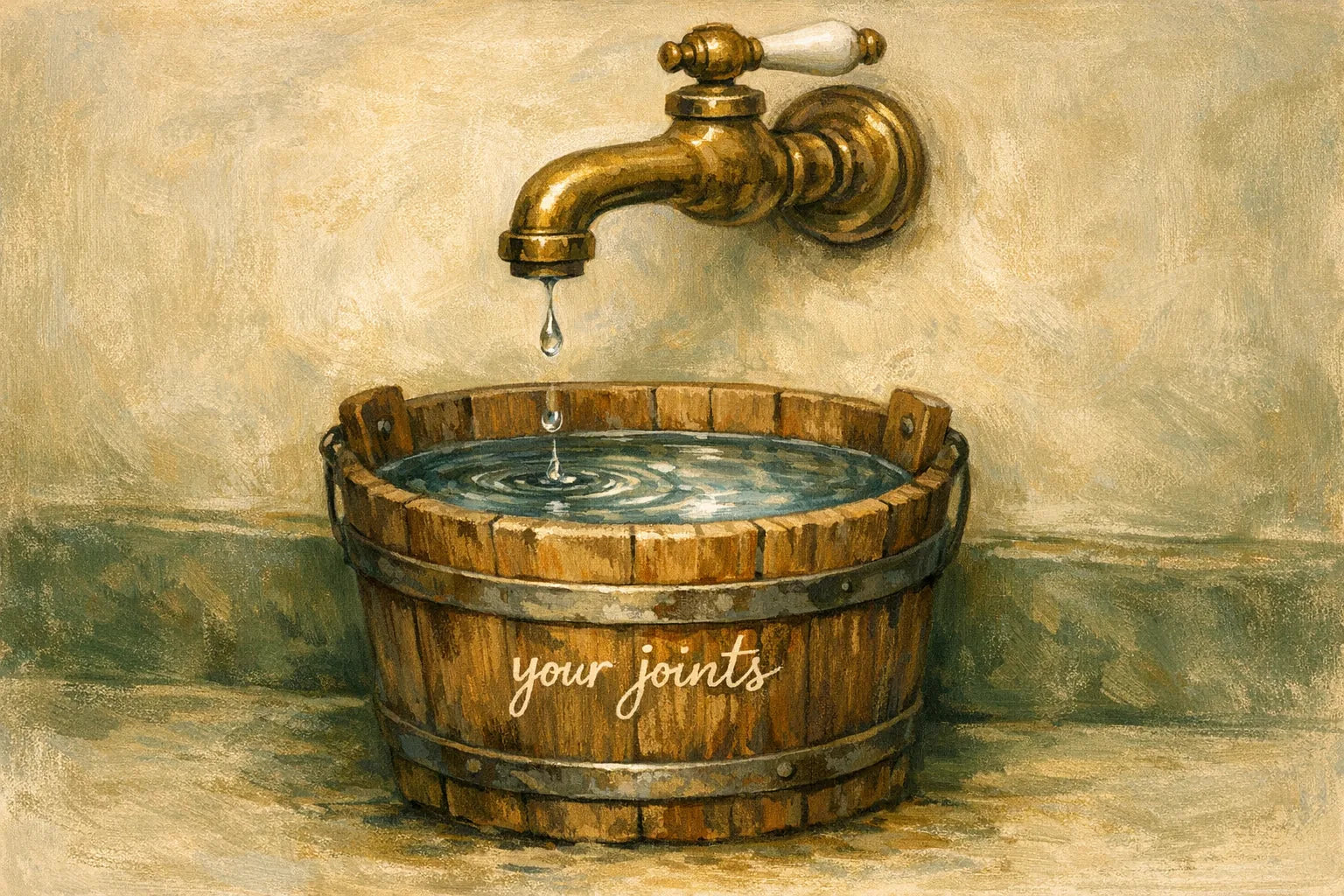 Illustration of an old brass kitchen faucet turned fully closed but still dripping into a nearly full wooden bucket