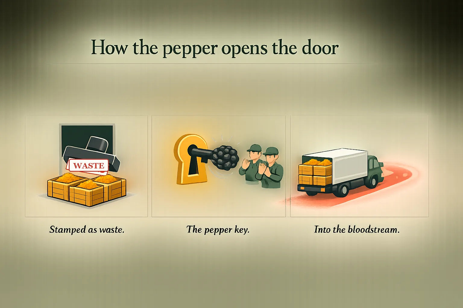 Three-panel mechanism diagram: crates stamped waste, a black pepper shaped key turning a lock, a loaded truck driving toward the bloodstream