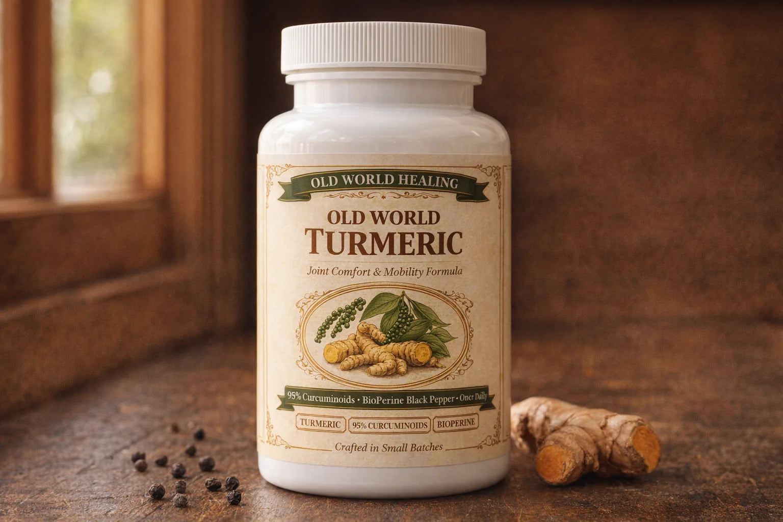 Old World Turmeric bottle on a worn wooden table with whole black peppercorns and a piece of raw turmeric root beside it