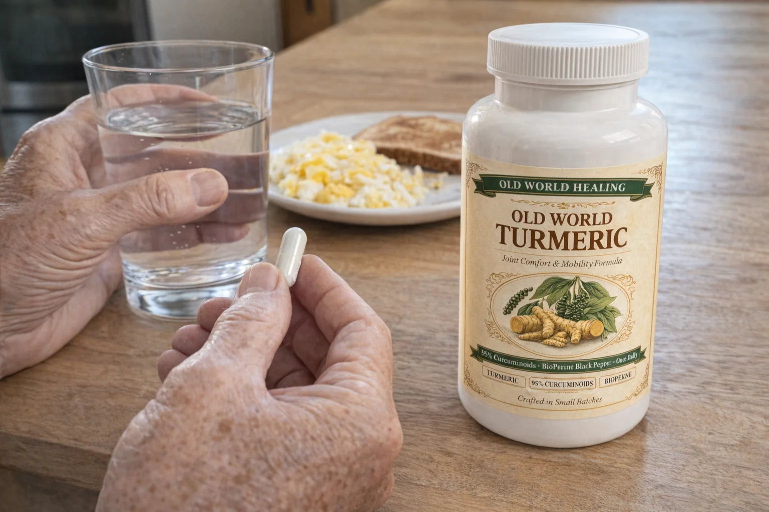 An older person's hands at a breakfast table taking a capsule with a glass of water, the Old World Turmeric bottle beside a plate of eggs and toast