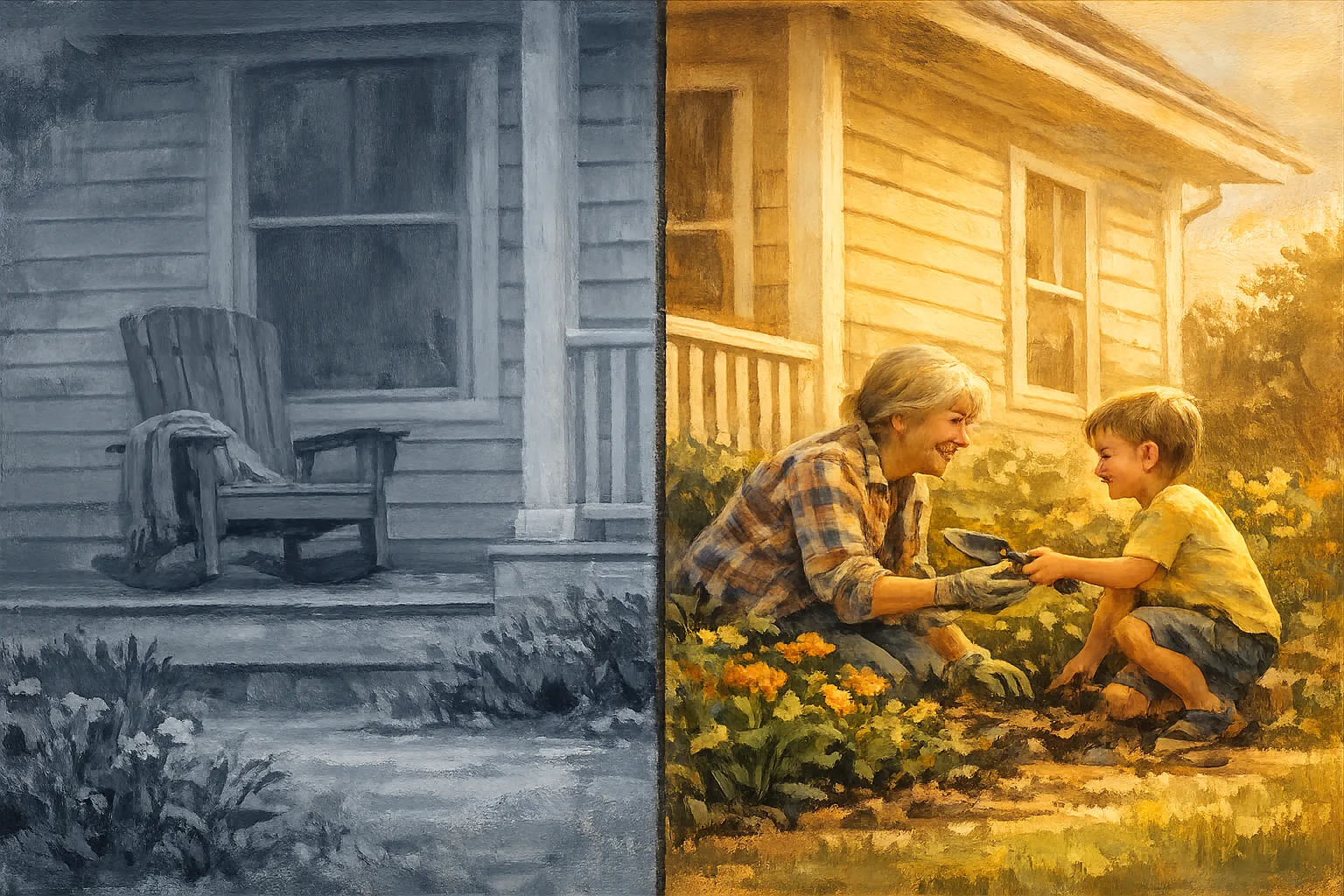 Split screen illustration: an empty porch chair in cool grey on the left, the same person kneeling in a garden bed with a grandchild in warm gold on the right