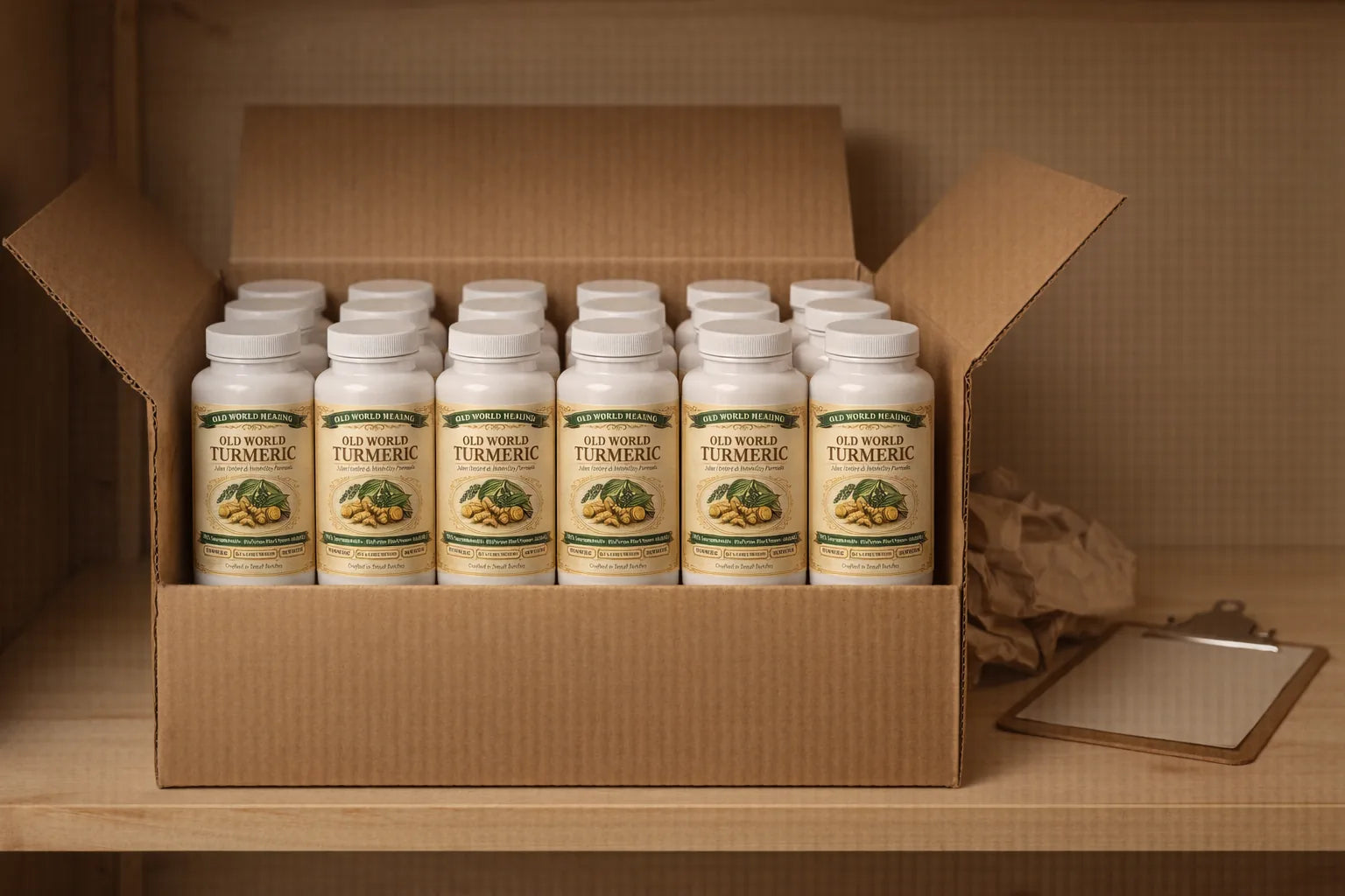 Warm warehouse shelf shot with rows of Old World Turmeric bottles in an open shipping carton beside packing paper and a clipboard