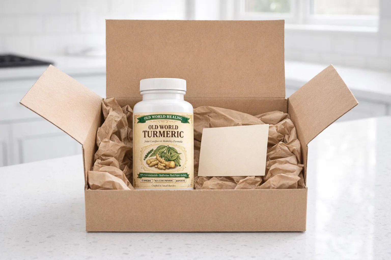 A shipping box open on a kitchen counter with the bottle inside