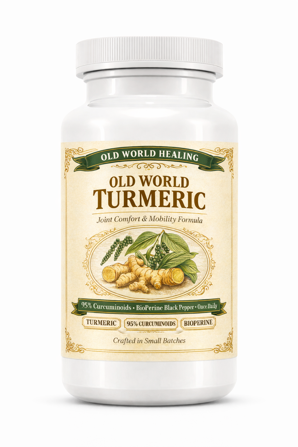Old World Turmeric bottle, forest green and gold label