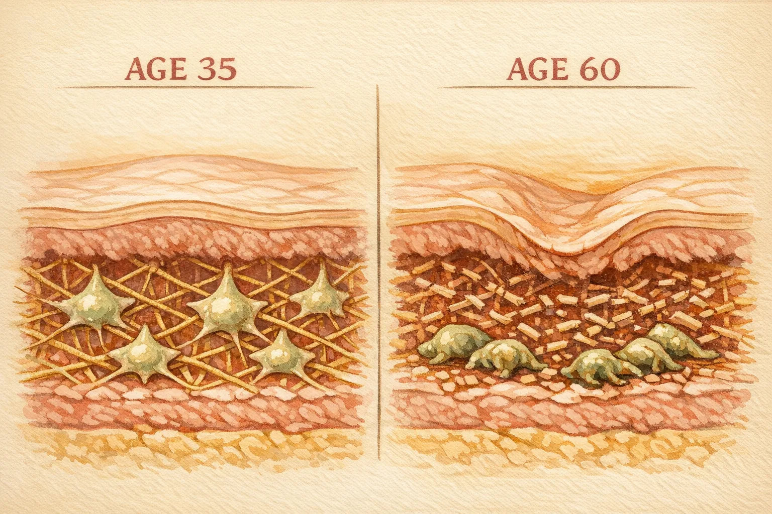 Illustration comparing a taut collagen lattice at age 35 with a fragmented lattice and slumped cells at age 60