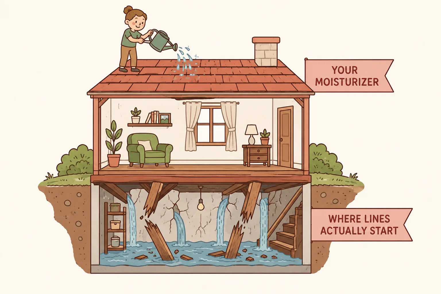 Cartoon cutaway of a house: a figure waters the roof shingles while the basement floods and the beams buckle