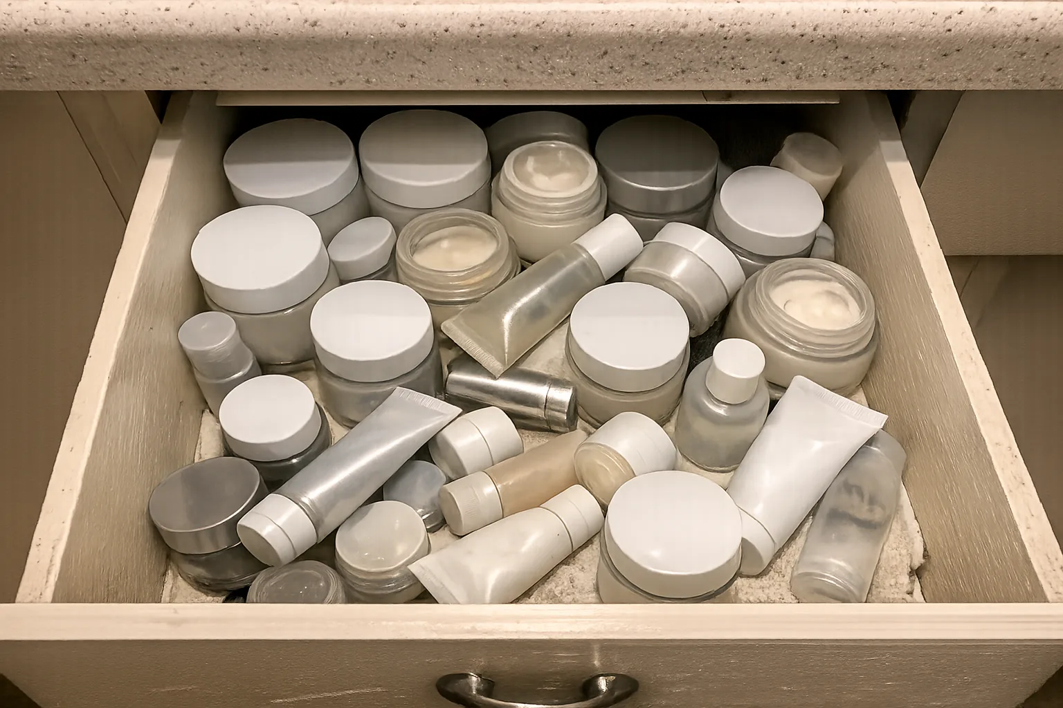 Phone photo looking down into an open bathroom drawer crowded with half-used unbranded jars, tubes and sample pots