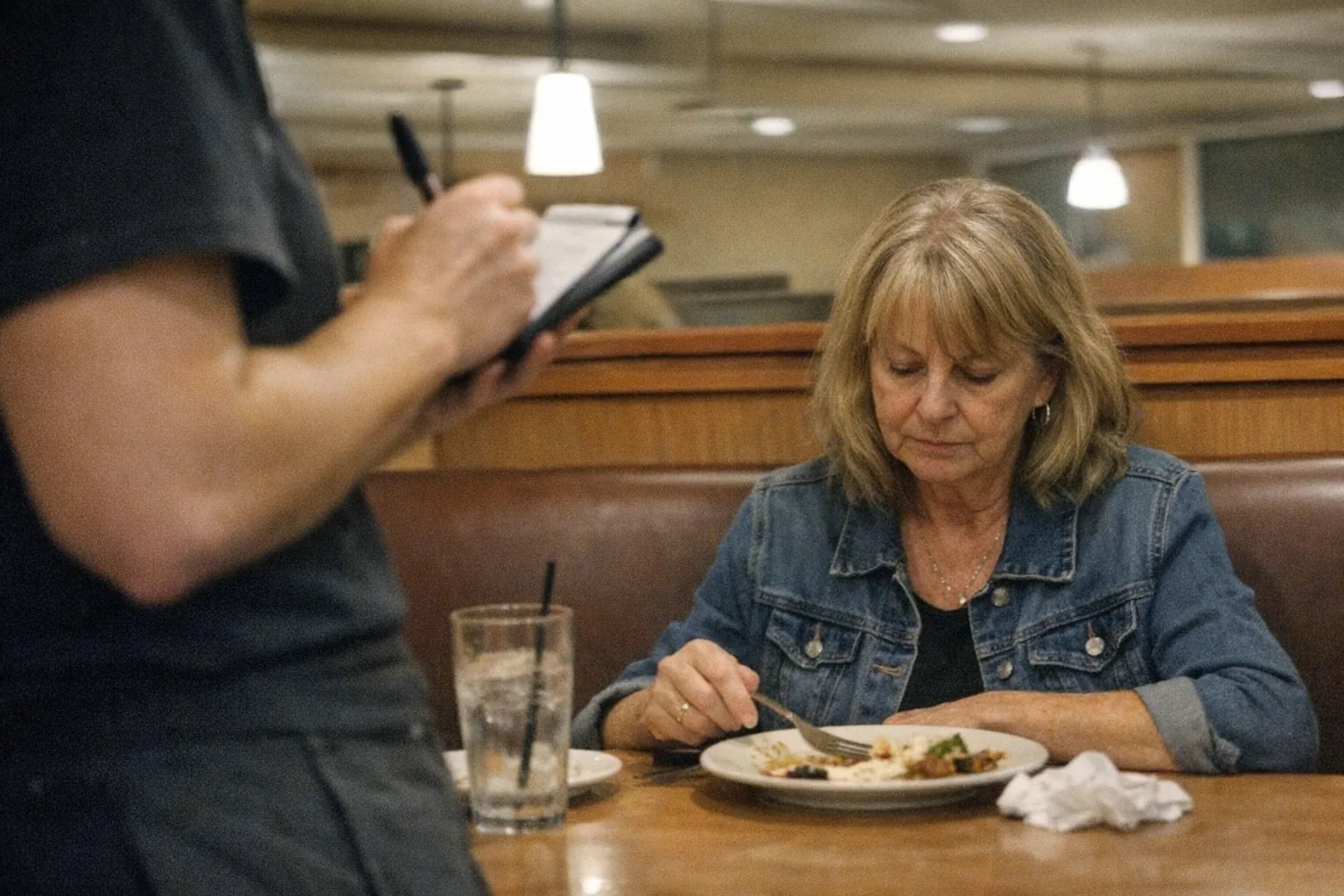 Candid restaurant photo of a woman in her early sixties looking down while a server's notepad is turned away from her