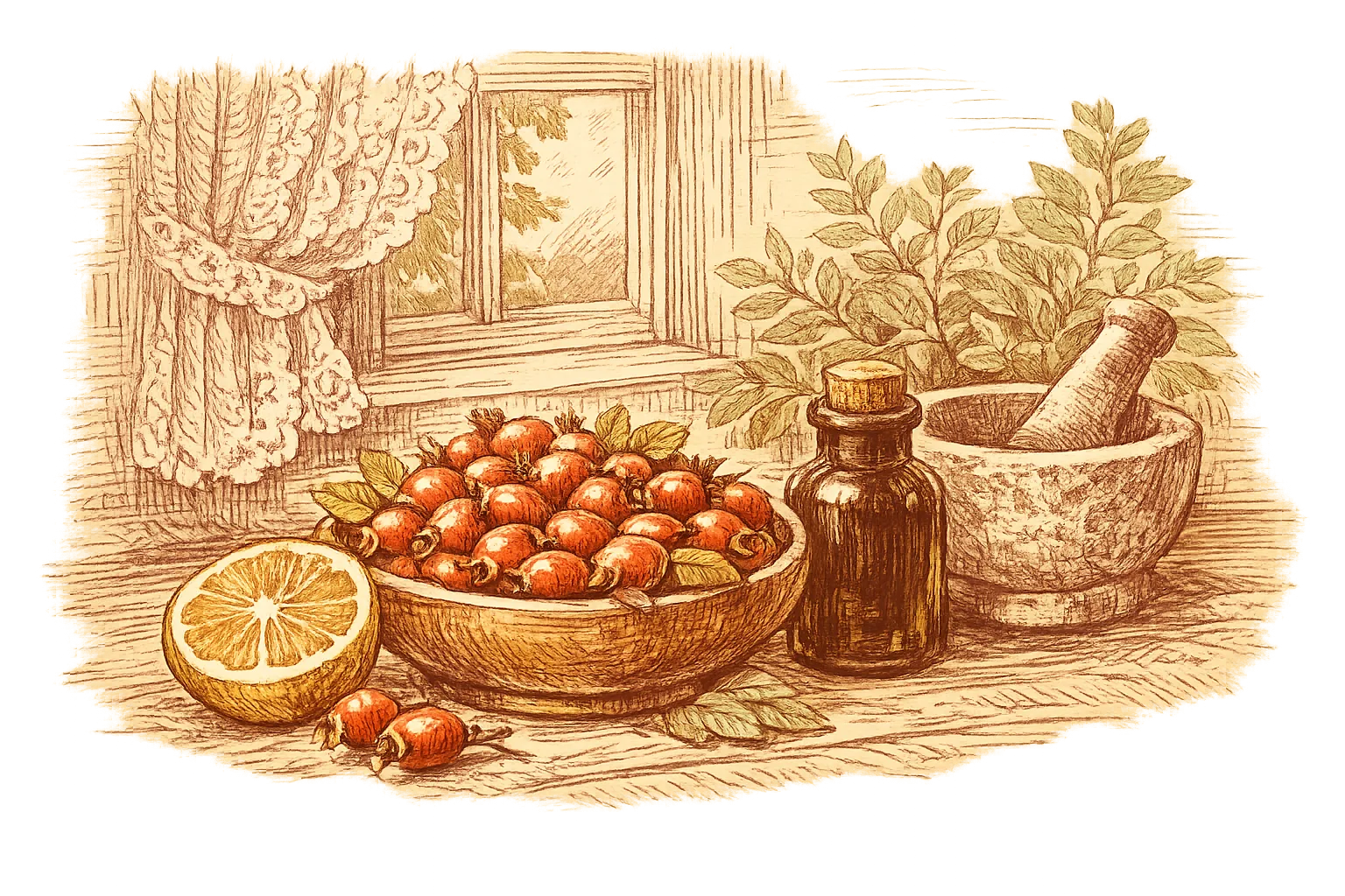 Old-world still-life illustration of a farmhouse table with rosehips, a cut citrus half, a plain oil bottle and a mortar and pestle