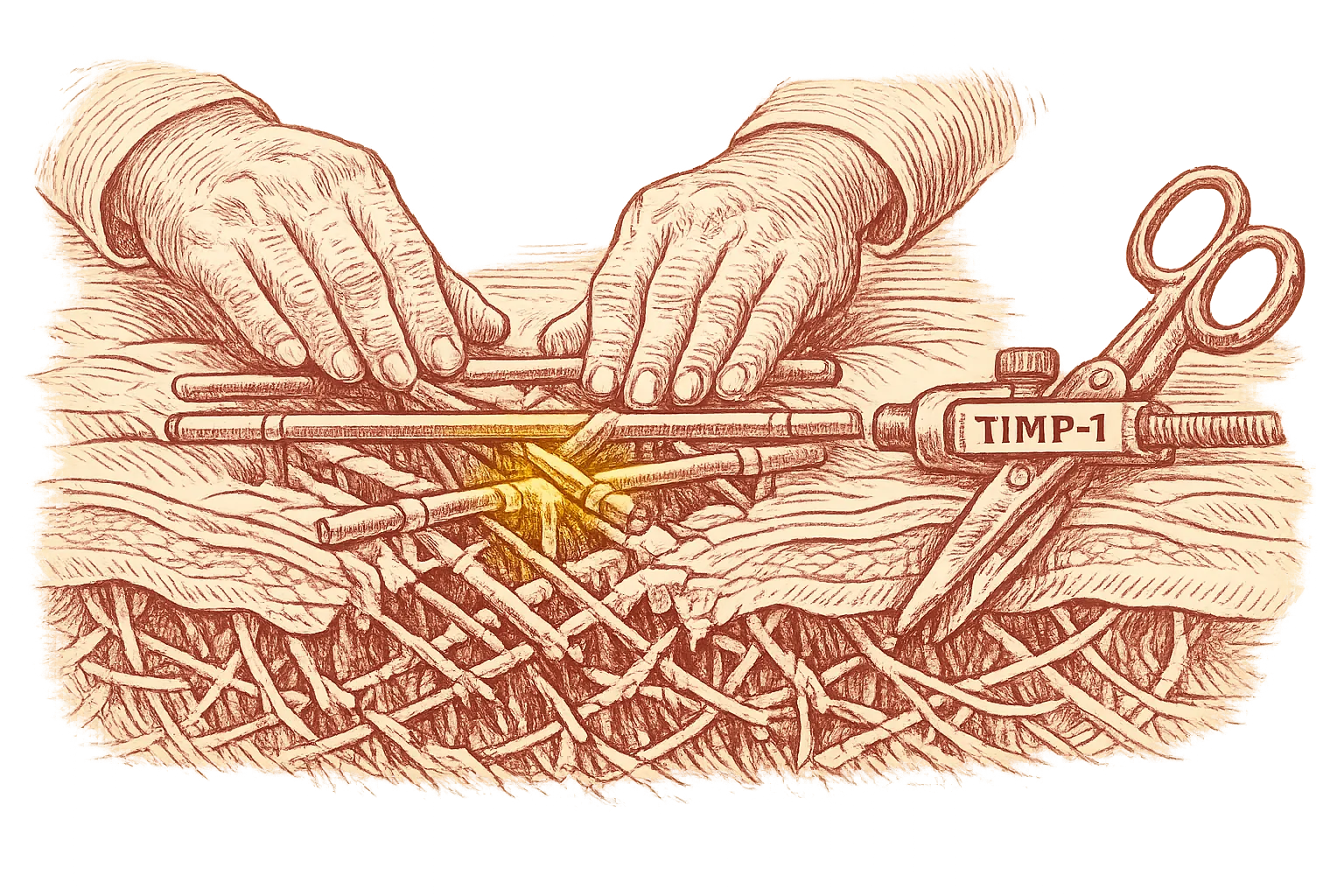 Illustration of hands laying new scaffolding across a broken lattice while a clamp labelled TIMP-1 holds a pair of scissors shut