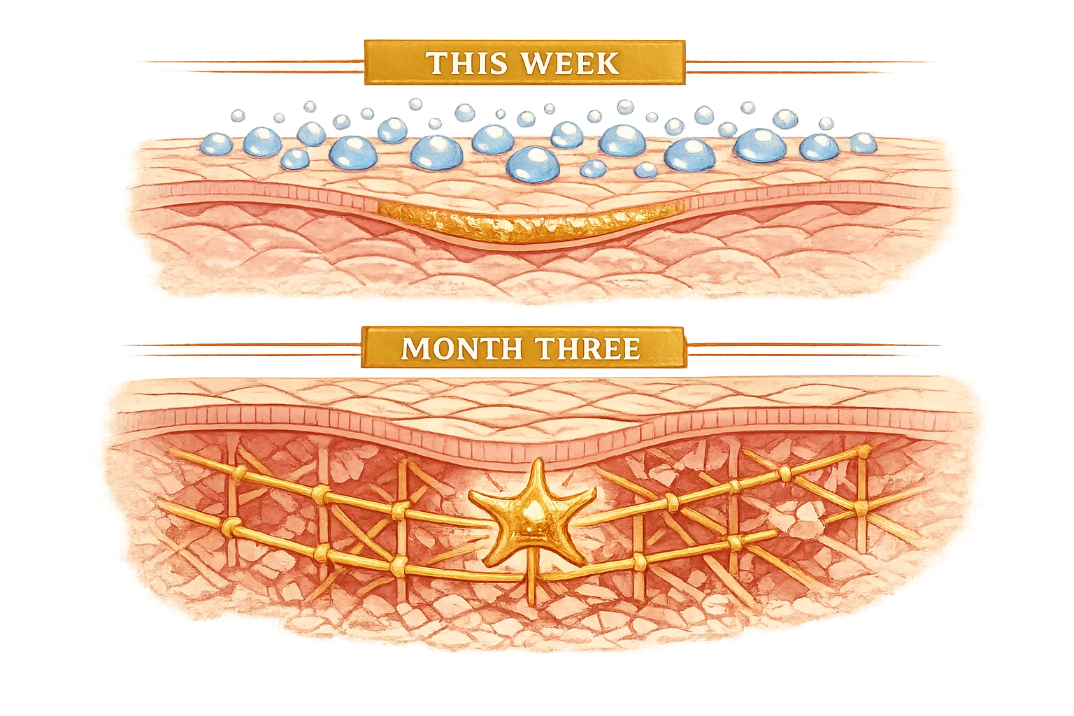 Cross-section illustration with a This Week zone of surface hydration above a Month Three zone of new scaffolding