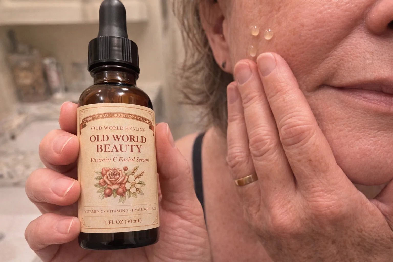 Phone-camera photo of a woman in her sixties holding the Old World Beauty bottle at a bathroom counter, mid-application at her cheekbone