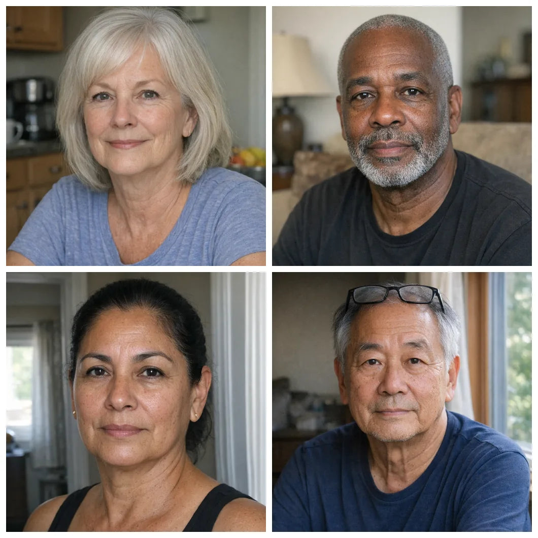 Four candid at-home portraits of men and women aged roughly 55 to 72