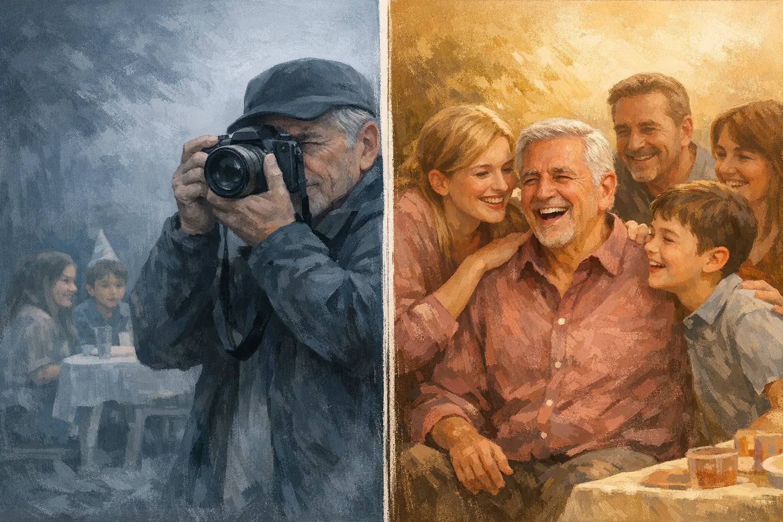 Split illustration: on the left a man behind the camera at a family gathering, on the right the same man inside the photo mid-laugh