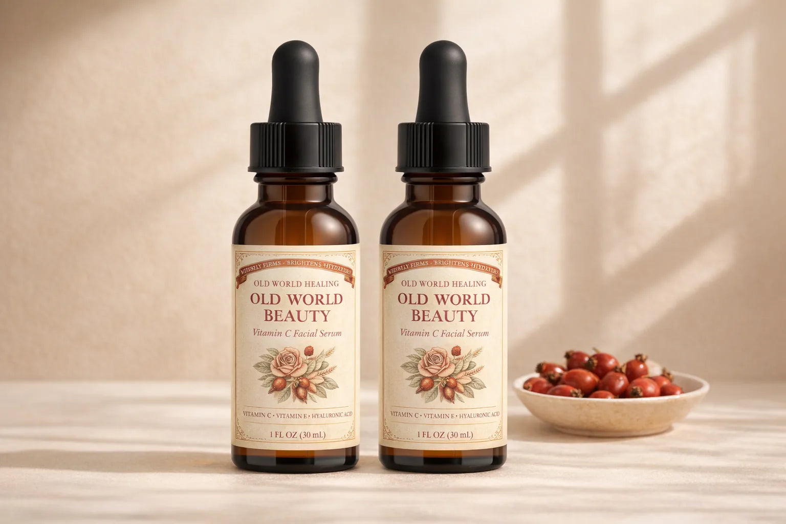 Two bottles of Old World Beauty on a sunlit cream surface beside a small dish of rosehips