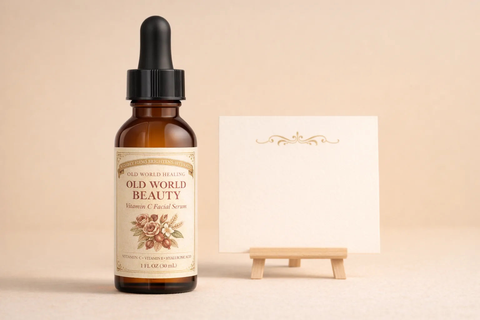 A single bottle of Old World Beauty on a cream surface with a small blank card propped behind it