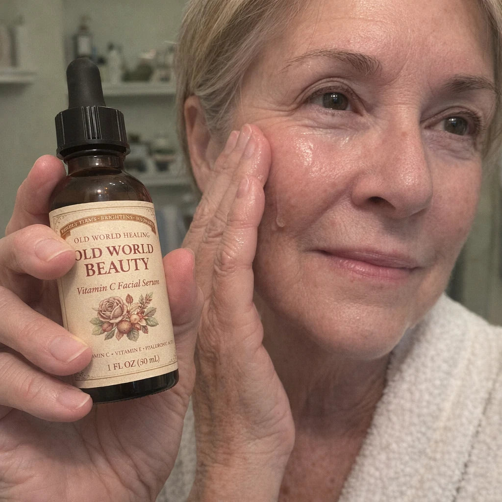Applying the serum at a bathroom mirror