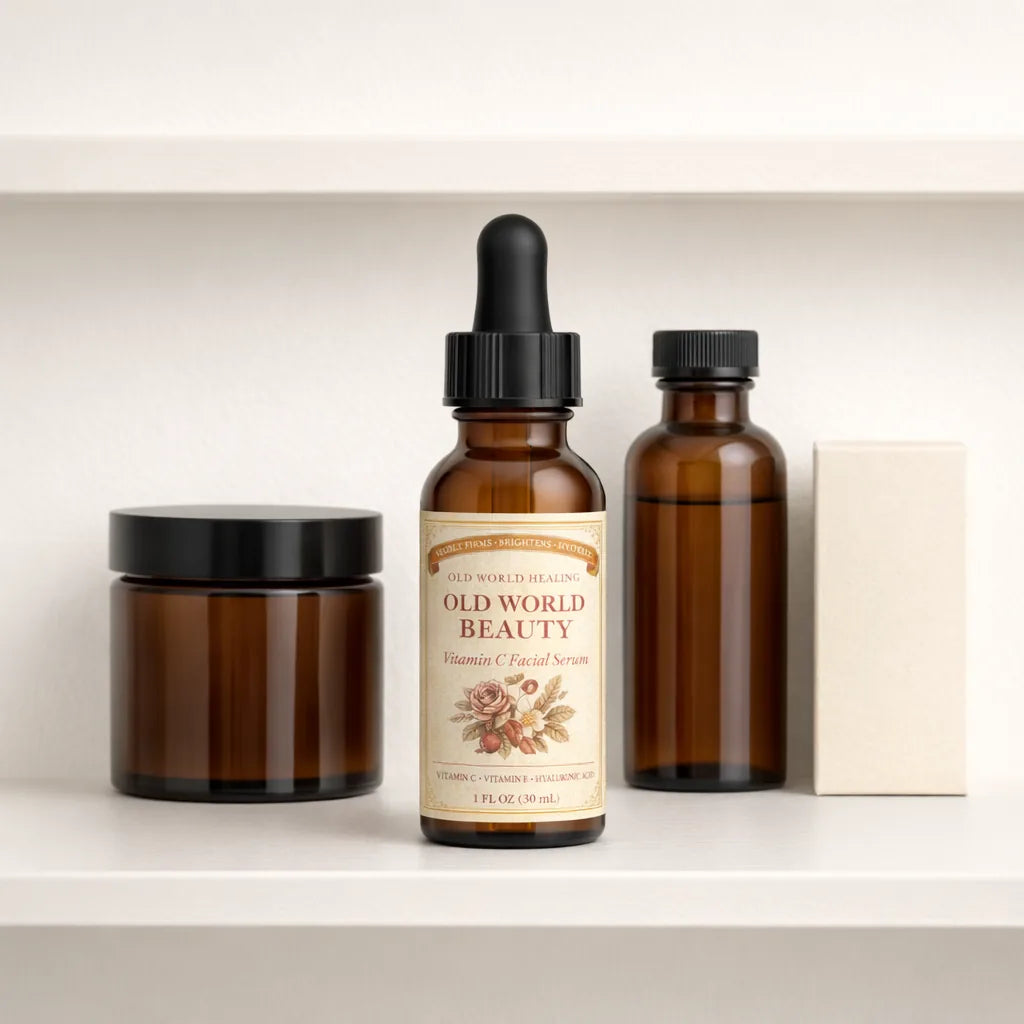 The Old World Healing family on an apothecary shelf