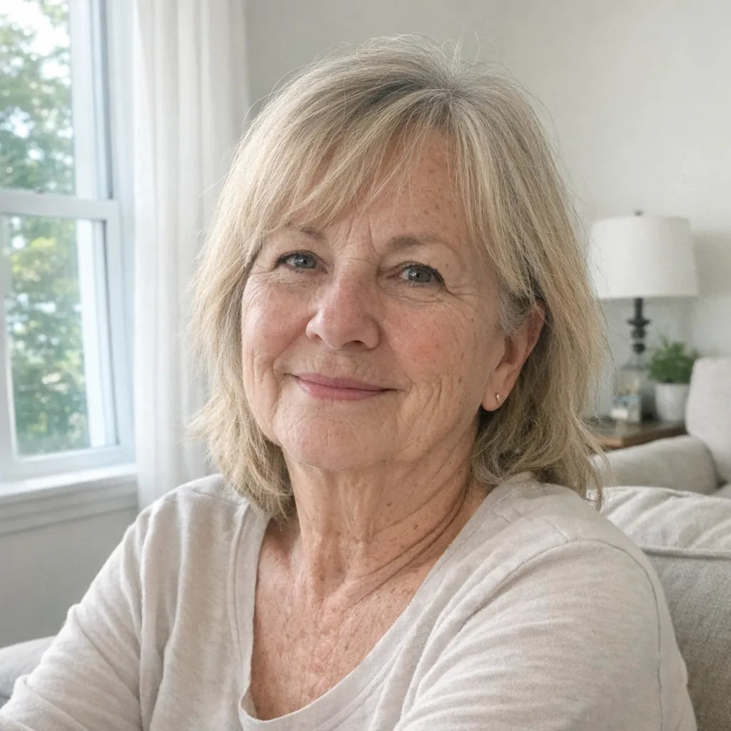 A candid at-home portrait of a woman in her mid sixties by a window