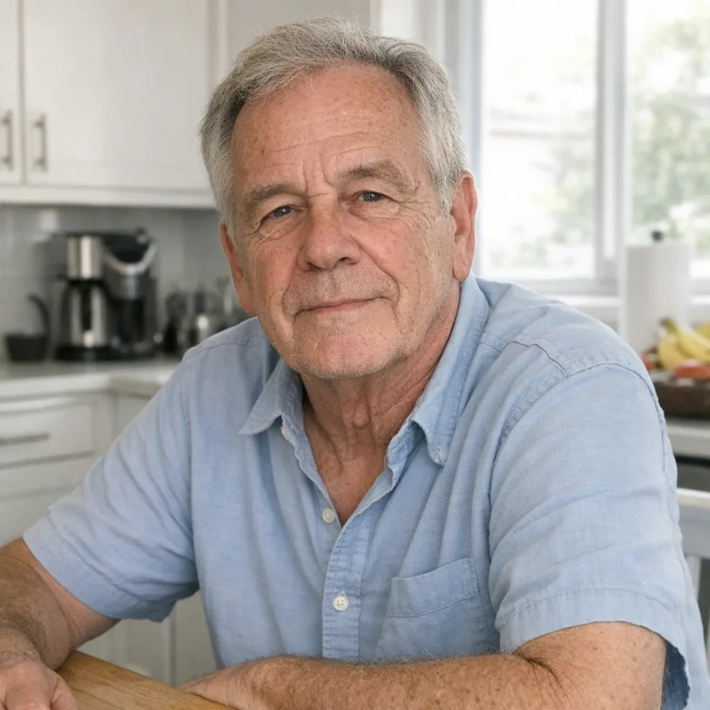 A candid at-home portrait of a man in his late sixties at a kitchen table