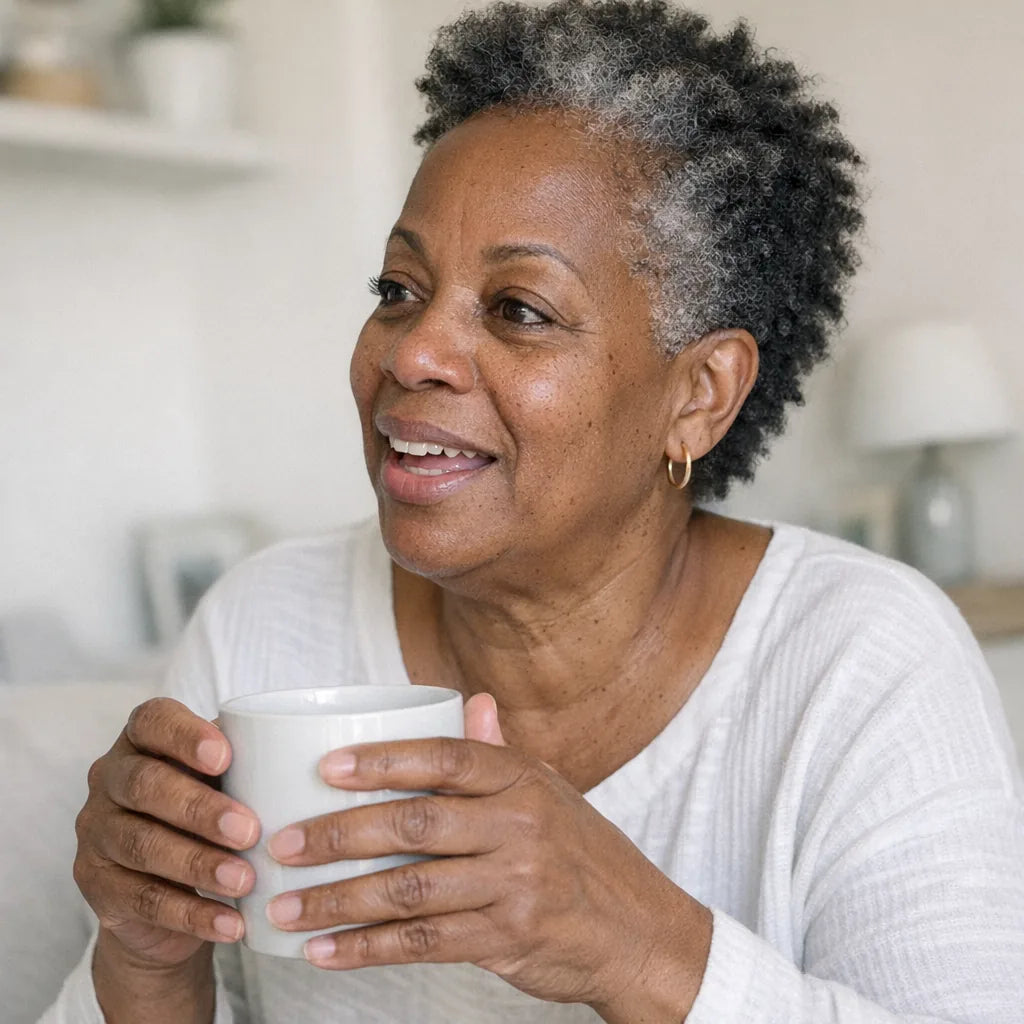 A candid at-home portrait of a woman in her late fifties holding a mug