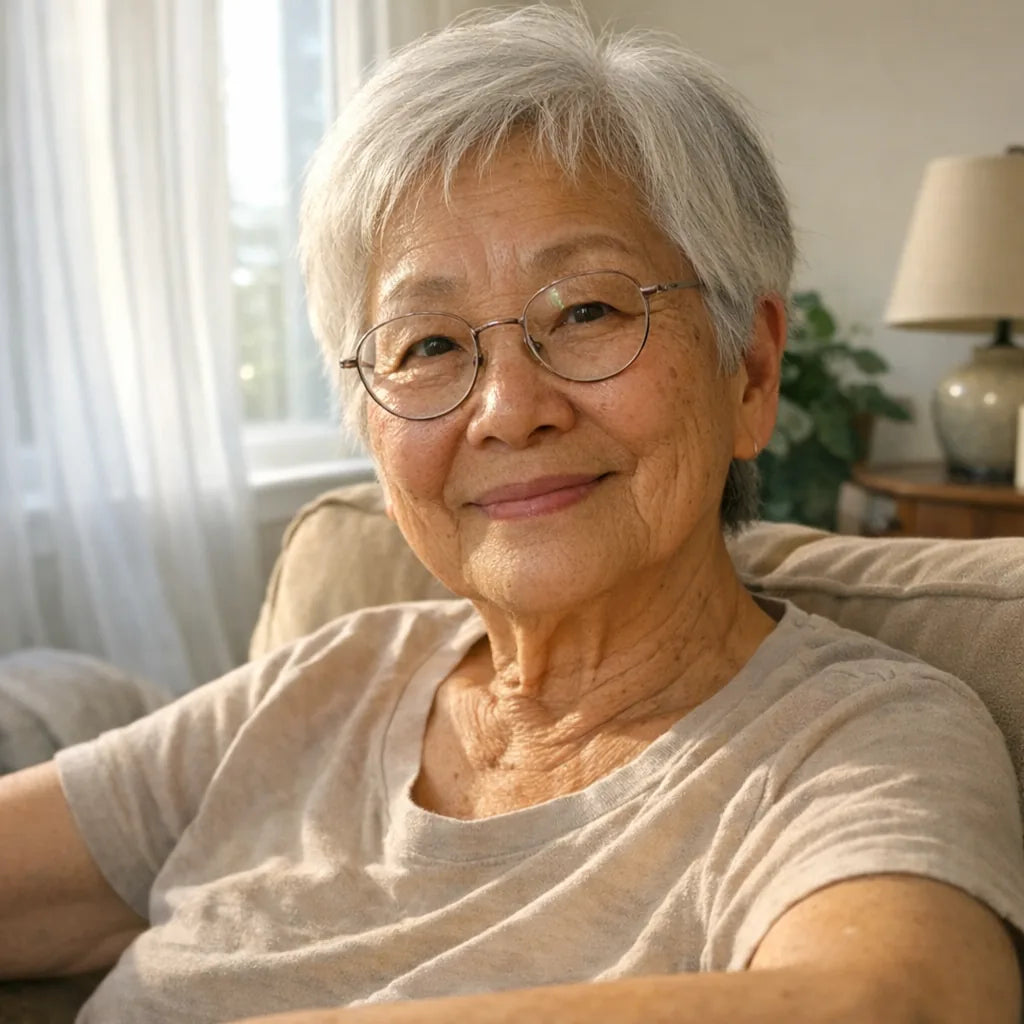 A candid at-home portrait of a woman in her early seventies in a living room